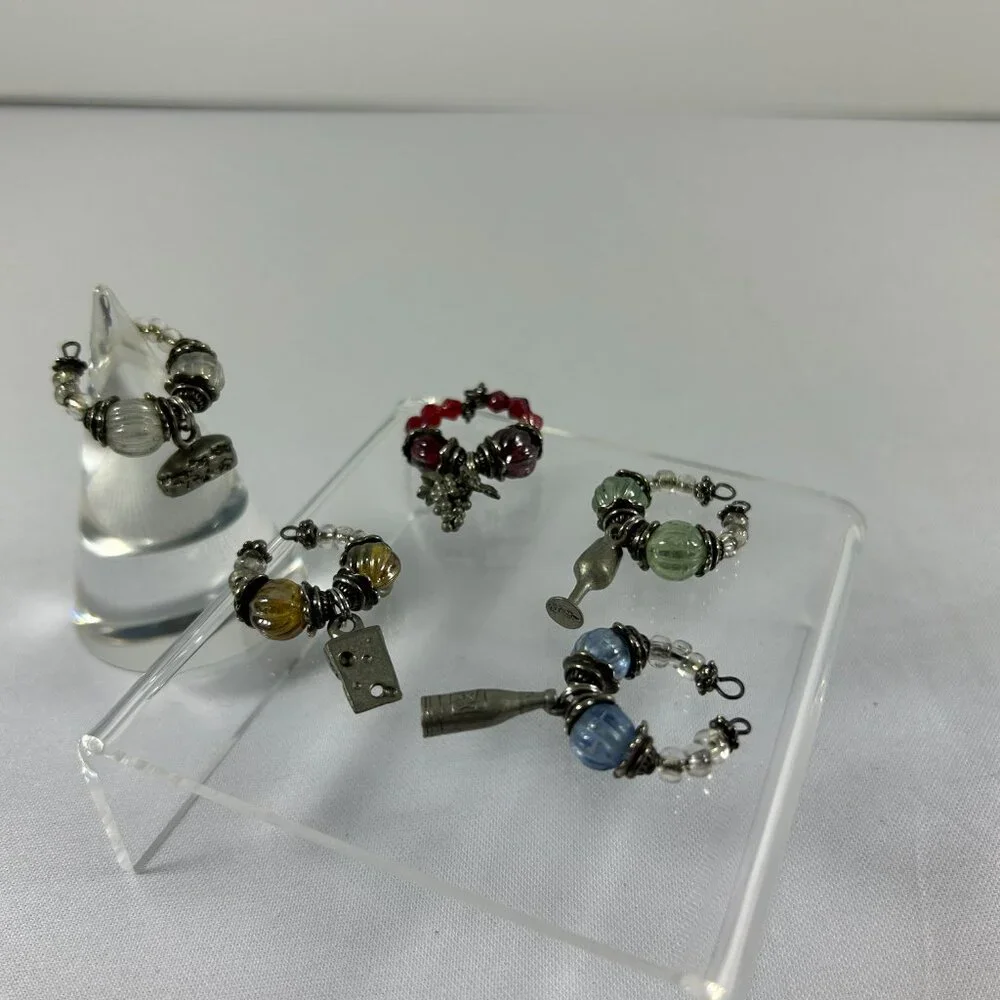 Lot 5 Multicolored Beaded Wine Charms Silver Tone Cheese Wedge Grapes Bottle